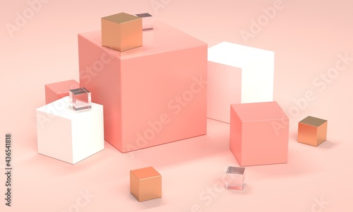 Pink abstract background with gold and glass cubes. 3d rendering