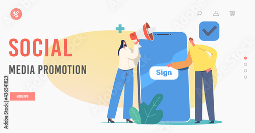 Social Media Promotion Landing Page Template. New User Online Registration. Tiny Characters Sign Up on Huge Smartphone