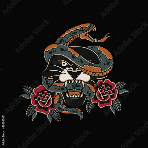 Snake lion head and roses traditional tattoo style