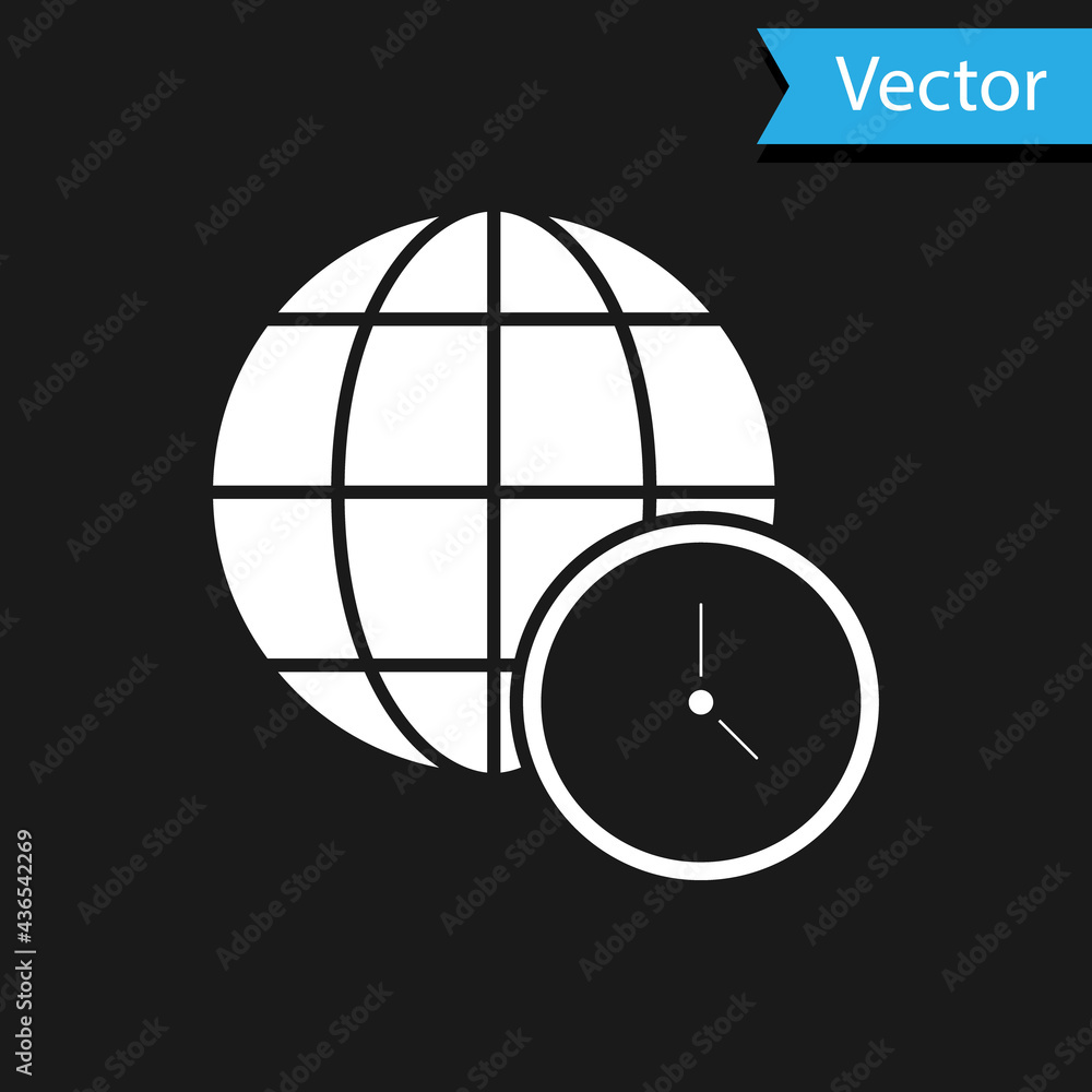 White World time icon isolated on black background. Clock and globe. Vector White World time icon isolated on black background. Clock and globe. Vector