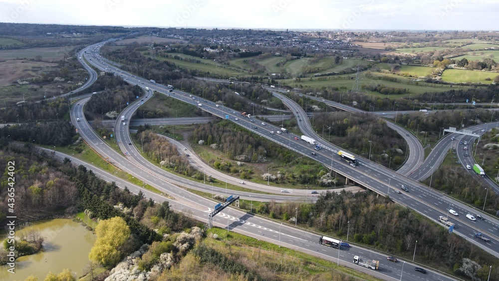 M25 M11 motorway junction Essex UK drone aerial view M25 M11 motorway junction Essex UK drone aerial view