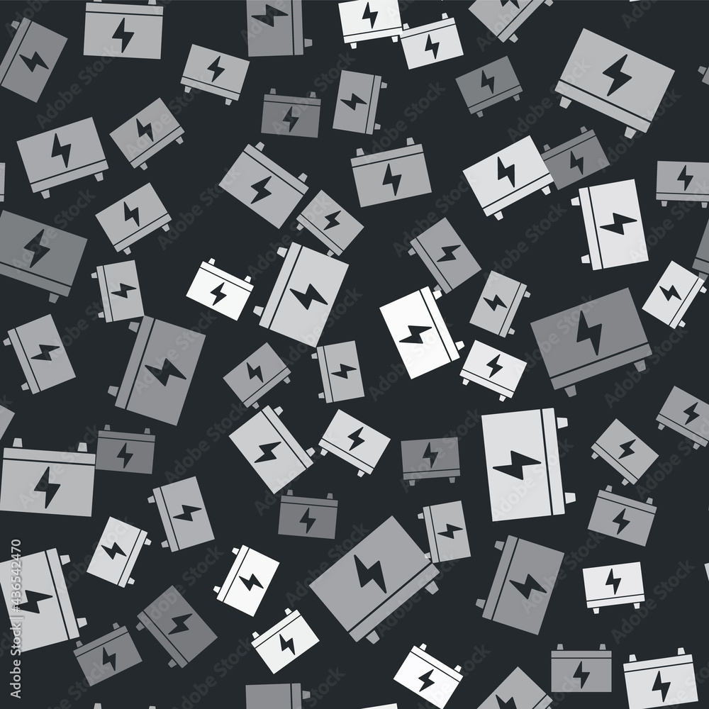 Grey Car battery icon isolated seamless pattern on black background. Accumulator battery energy power and electricity accumulator battery. Vector Grey Car battery icon isolated seamless pattern on black background. Accumulator battery energy power and electricity accumulator battery. Vector