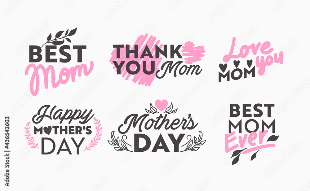 Set of Mothers Day Icons with Typography and Floral Design Elements Isolated on White Background. Best Mom, Love You