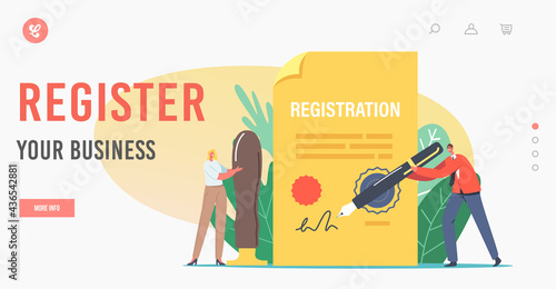 Business Registration Landing Page Template. Tiny Characters with Huge Quill Pen and Seal Stamp Signing Paper Document