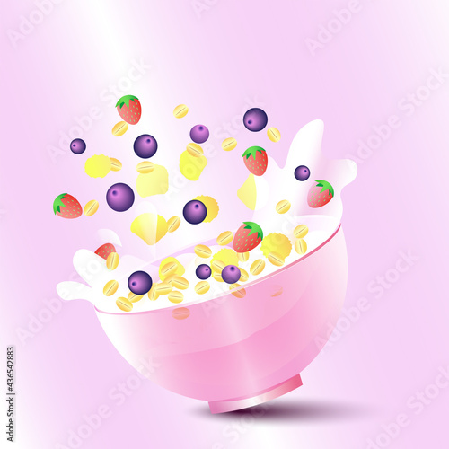 Bowl of muesli with yogurt and berries. Healthy breakfast illustration 