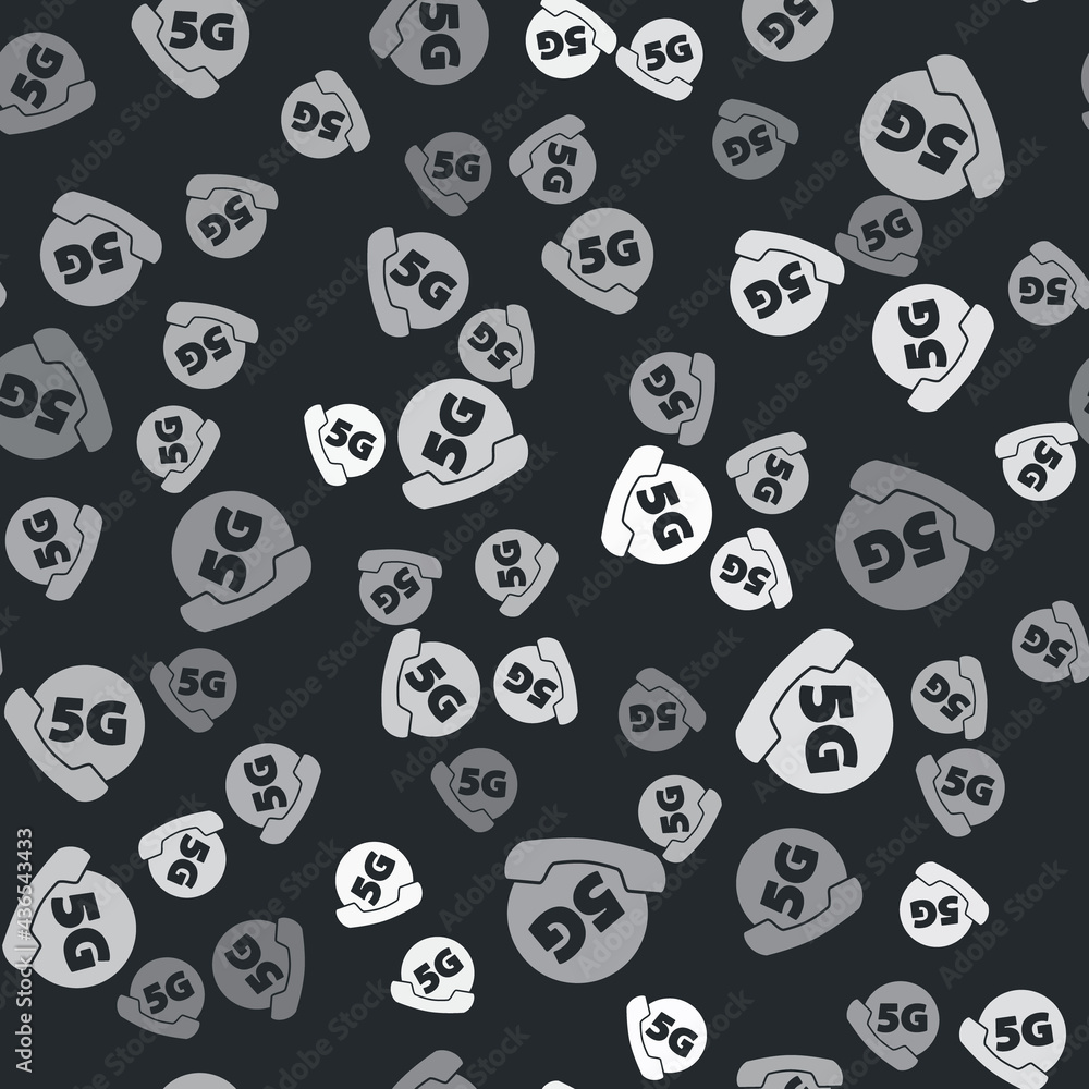 Grey Phone with 5G new wireless internet wifi icon isolated seamless pattern on black background. Global network high speed connection data rate technology. Vector