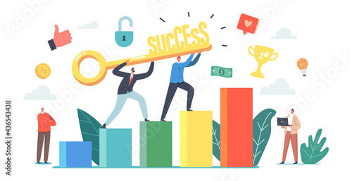 Key to Success, Challenge, Partnership and Leadership Concept. Business People Climb Up Financial Graph and Chart Stairs
