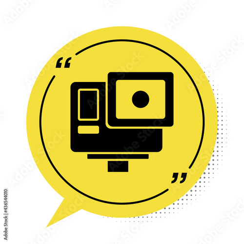 Black Action extreme camera icon isolated on white background. Video camera equipment for filming extreme sports. Yellow speech bubble symbol. Vector