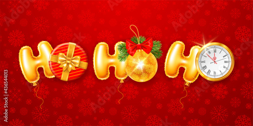 Ho ho ho Christmas text made from golden foiled balloons, round gift box, christmas decor and clock which shows midnight. Red background with snowflakes pattern. Saying ho ho ho. Vector illustration.