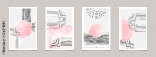 Mid century modern abstract minimal posters with lines and watercolor elements. Trendy geometric backgrounds for wall decoration, brochure cover. Contemporary vector illustration of modern home prints