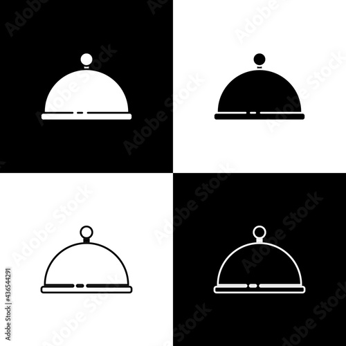 Set Covered with a tray of food icon isolated on black and white background. Tray and lid. Restaurant cloche with lid. Kitchenware symbol. Vector