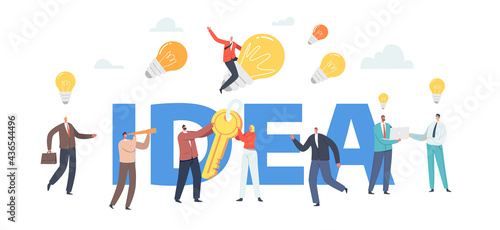 Creative Idea Concept. Business Characters with Huge Illuminated Light Bulbs, Team Searching New Insights for Project