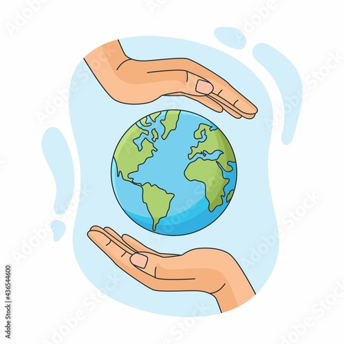 Save the planet. Hands holding globe, earth. Earth day concept. Vector illustration of icons about environmental protection and nature conservation.