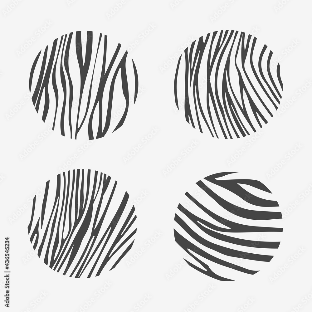 Set of round black striped abstract zebra patterns. Hand drawn doodle shapes. Curved wavy lines. Modern trendy vector illustration. Elements for wall posters, fabrics, textile templates, covers