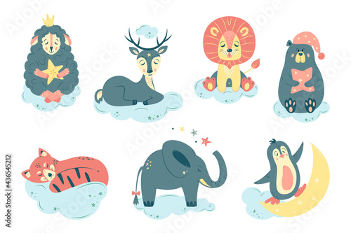 Big set of nursery vector illustration. Cute animals in cartoon style. For baby room, baby shower, greeting card, textile print. Hand drawn nursery. Penguin, sheep, lion, bear, deer, elephant, panda