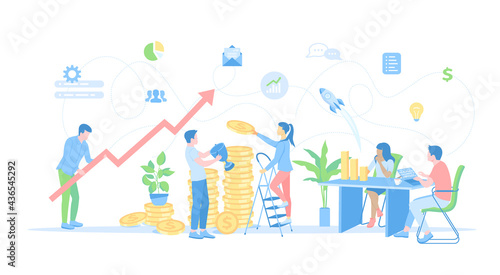 Investment, strategic management. Startup, new idea. Business team working together on financial success strategy. Vector illustration flat style.