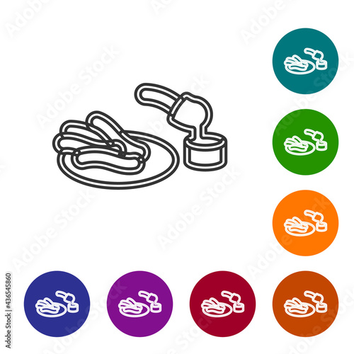Black line Churros and chocolate icon isolated on white background. Traditional national Spain dessert, European street food. Set icons in color circle buttons. Vector