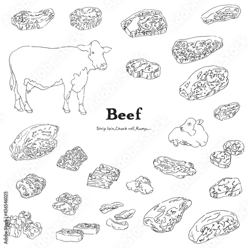 牛肉のイラストセット-手描きの線画