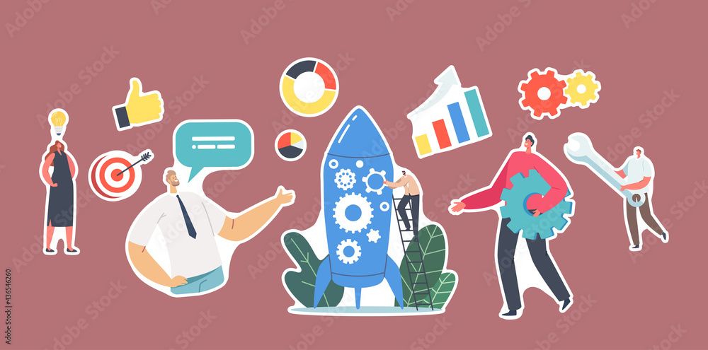 Set of Stickers New Team Member Newcomer Character Take Part in Rocket Launch, Businesspeople Launching Startup Project