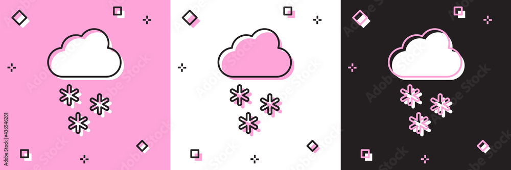 Set Cloud with snow icon isolated on pink and white, black background. Cloud with snowflakes. Single weather icon. Snowing sign. Vector