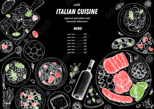Italian Cuisine. Top view. Sketch illustration. Italian food. Design template. Hand drawn vector illustration. Black and white. Engraved style. Pasta and pizza, antipasto. Authentic dishes.