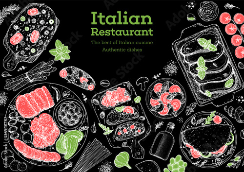 Italian food menu sketches. Design template. Hand drawn illustration. Italian cuisine. Food sketch. Black and white. Engraved style.