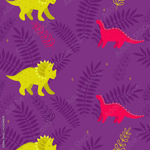 Seamless pattern with little dinosaurs on tropical background. 