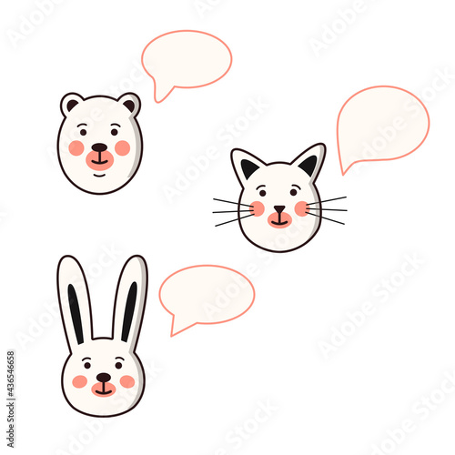Vector illustration of cute animal faces and speech bubbles isolated on white background. 
