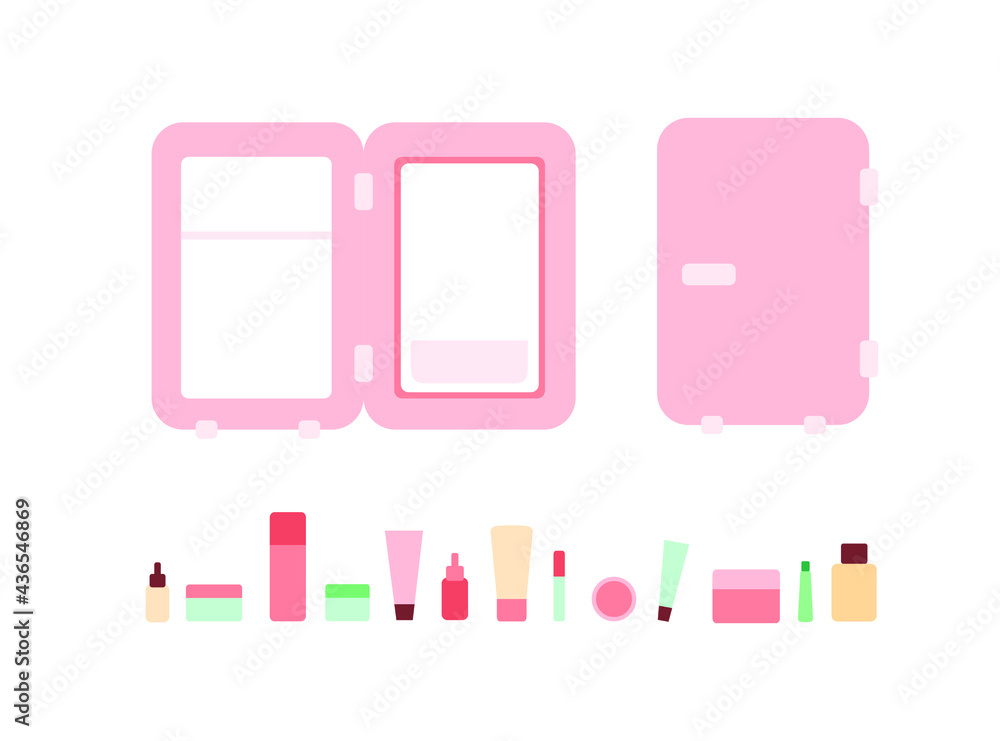Open and closed cosmetics refrigerators and set of skin care products. Open and closed cosmetics refrigerators and set of skin care products.