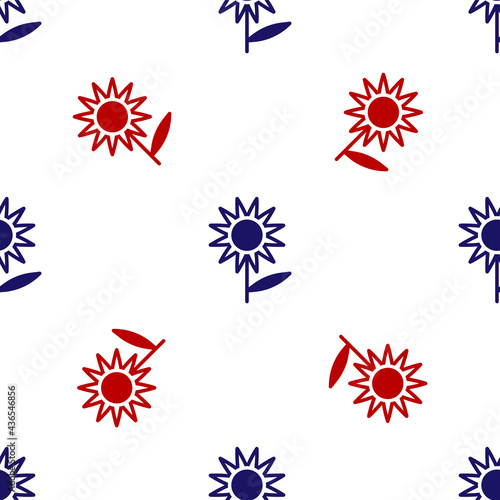 Blue and red Sunflower icon isolated seamless pattern on white background. Vector