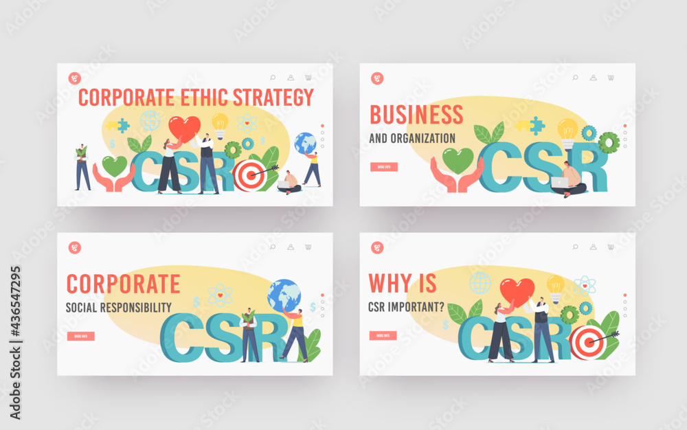 Corporate Ethic Strategy Landing Page Template Set. Characters Csr, Social Responsibility, Ethical and Honest Business