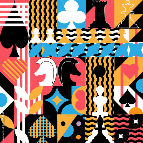 Seamless geometric abstract pattern with elements of chess pieces and card symbols.
