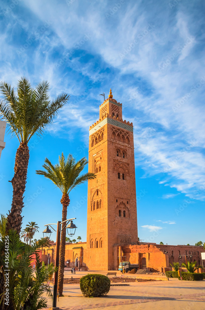 Koutoubia Mosque minaret in old medina of Marrakech, Morocco