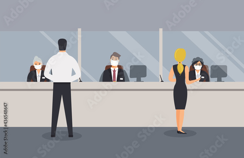 Bank office is open during epidemic of virus. Employees in protective medical masks behind counter serve customers. Clients stand in hall and talk to clerks. Vector flat illustration