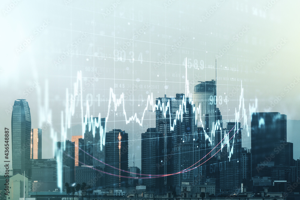 Multi exposure of virtual abstract financial graph interface on Los Angeles cityscape background, financial and trading concept Multi exposure of virtual abstract financial graph interface on Los Angeles cityscape background, financial and trading concept
