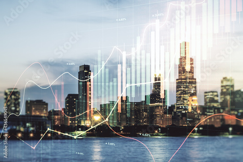 Multi exposure of virtual abstract financial graph interface on Chicago cityscape background  financial and trading concept
