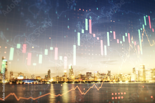 Abstract creative financial graph and world map on Chicago cityscape background, financial and trading concept. Multiexposure