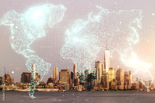 Double exposure of abstract digital world map hologram on New York city office buildings background, big data and blockchain concept