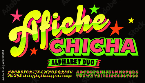 A pair of alphabets to be used together to create bright and eye-catching Peruvian style poster graphics. Afiche is Spanish for “poster,” Chicha refers to a South American drink, and a graphic style. photo