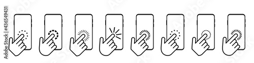 Touch Screen icons. Hand clicking on smartphone screen. Vector elements collection