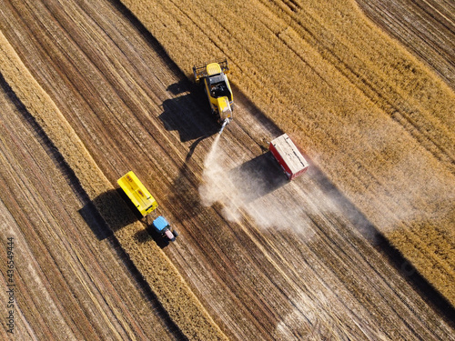 Harvesting machine working in the field. Top view from the drone Combine harvester agricultural machine ride in the field of golden ripe wheat.