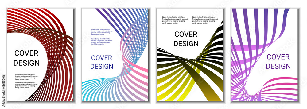 A set of 4 abstract covers. Wavy parallel gradient lines, ribbons evolve. Cover design, background. Trendy banner, poster. A set of 4 abstract covers. Wavy parallel gradient lines, ribbons evolve. Cover design, background. Trendy banner, poster.