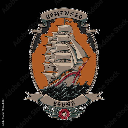 sailing ship traditional tattoo style