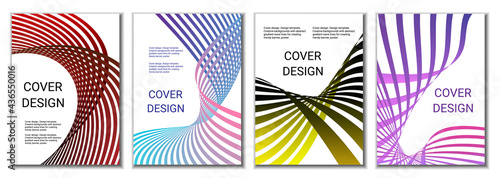 A set of 4 abstract covers. Wavy parallel gradient lines, ribbons evolve. Cover design, background. Trendy banner, poster.