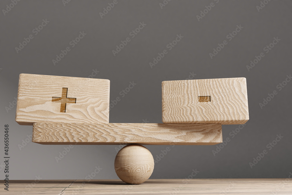 Plus and minus Supply and demand balance concept. Wooden cube block ...
