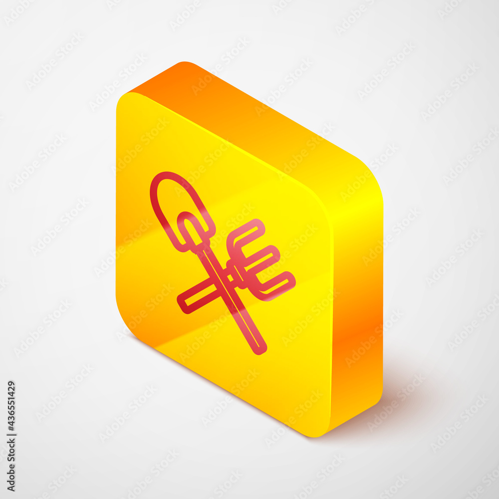 Isometric line Shovel and rake icon isolated on grey background. Tool for horticulture, agriculture, gardening, farming. Ground cultivator. Yellow square button. Vector Isometric line Shovel and rake icon isolated on grey background. Tool for horticulture, agriculture, gardening, farming. Ground cultivator. Yellow square button. Vector