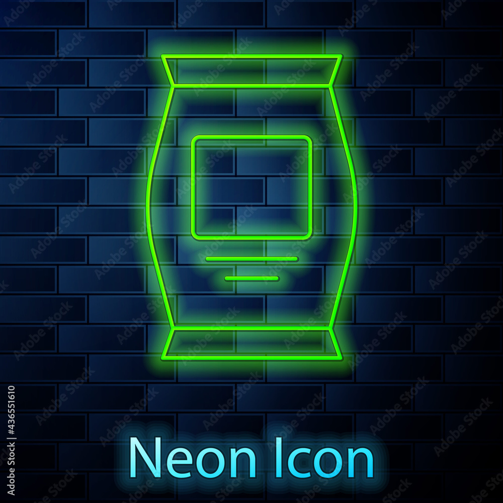 Glowing neon line Fertilizer bag icon isolated on brick wall background. Vector Glowing neon line Fertilizer bag icon isolated on brick wall background. Vector