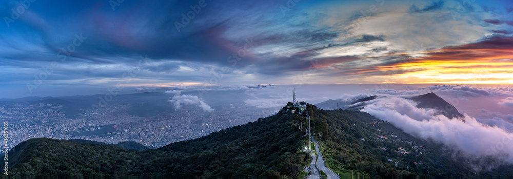 Aerial panoramic view of Caracas city at sunrise from Hotel Humboldt. Caracas Venezuela.