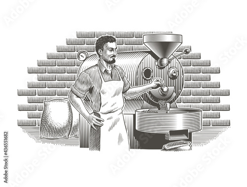 Professional coffee roaster and vintage roasting machine, roasted coffee beans and bags. Engraving or etching vintage style black and white vector illustration. Good for packaging or label design.