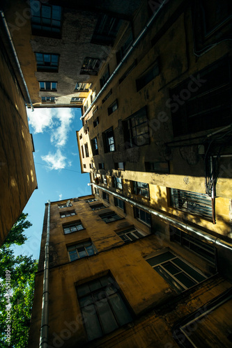 View of typical courtyard old structure shapes in St. Petersburg, Russia.